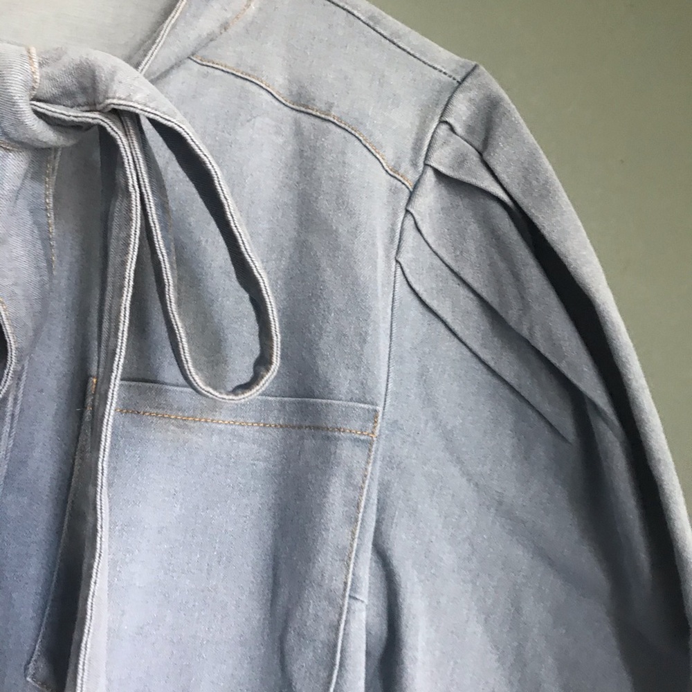 Jean button down tie neck ballon shoulder blouse